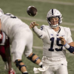 
              Penn State quarterback Drew Allar (15) makes a pass during the second half of an NCAA college football game against Indiana, Saturday, Nov. 5, 2022, in Bloomington, Ind. (AP Photo/Doug McSchooler)
            