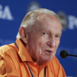 
              FILE - Dow Finsterwald, winner of the 1958 PGA Championship, speaks during a news conference at the 90th PGA Championship golf tournament on Aug. 5, 2008, at Oakland Hills Country Club in Bloomfield Township, Mich.  Finsterwald, a 12-time winner on the PGA Tour, died Friday night, Nov. 4, 2022, at his home in Colorado Springs, Colo. He was 93. His son, Dow Finsterwald Jr., said he died peacefully in his sleep. (AP Photo/Kiichiro Sato, FIle)
            
