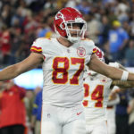 
              Kansas City Chiefs tight end Travis Kelce celebrates a touchdown during the second half of an NFL football game against the Los Angeles Chargers Sunday, Nov. 20, 2022, in Inglewood, Calif. (AP Photo/Jae C. Hong)
            
