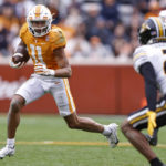Tennessee wide receiver Jalin Hyatt (11) runs for yardage during the second half of an NCAA college football game against Missouri Saturday, Nov. 12, 2022, in Knoxville, Tenn. (AP Photo/Wade Payne)