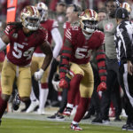 
              San Francisco 49ers linebacker Fred Warner (54) and linebacker Azeez Al-Shaair (51) celebrate during the second half of an NFL football game against the Los Angeles Chargers in Santa Clara, Calif., Sunday, Nov. 13, 2022. (AP Photo/Godofredo A. Vásquez)
            