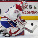 
              Montreal Canadiens goaltender Sam Montembeault saves a shot against the Chicago Blackhawks during the first period of an NHL hockey game in Chicago, Friday, Nov. 25, 2022. (AP Photo/Nam Y. Huh)
            