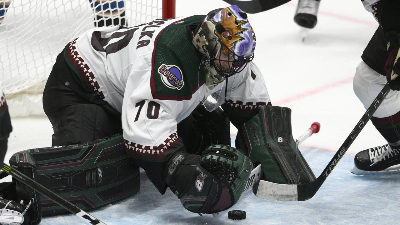 Arizona Coyotes goaltender Karel Vejmelka (70) covers up the puck during the third period of an NHL...