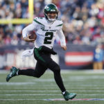 
              New York Jets quarterback Zach Wilson (2) runs for a gain during the first half of an NFL football game against the New England Patriots, Sunday, Nov. 20, 2022, in Foxborough, Mass. (AP Photo/Michael Dwyer)
            