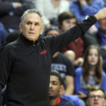 Duquesne head coach Keith Dambrot directs his team during the first half of an NCAA college basketball game against Kentucky in Lexington, Ky., Friday, Nov. 11, 2022. (AP Photo/James Crisp)