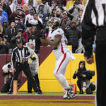 
              Atlanta Falcons tight end MyCole Pruitt (85) makes a touchdown catch against the Washington Commanders during the first half of an NFL football game, Sunday, Nov. 27, 2022, in Landover, Md. (AP Photo/Jessica Rapfogel)
            