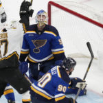 St. Louis Blues goaltender Jordan Binnington (50) reacts after giving up a goal to Boston Bruins left wing Jake DeBrusk, not seen, during the first period of an NHL hockey game Monday, Nov. 7, 2022, in Boston. (AP Photo/Charles Krupa)