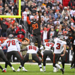 
              Tampa Bay Buccaneers place kicker Ryan Succop (3) kicks a 42-yard field goal during the first half of an NFL football game against the Cleveland Browns in Cleveland, Sunday, Nov. 27, 2022. (AP Photo/David Richard)
            
