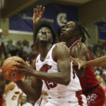 Arkansas forward Makhi Mitchell (15) tries to shoot against Louisville guard Mike James, right, during the first half of an NCAA college basketball game, Monday, Nov. 21, 2022, in Lahaina, Hawaii. (AP Photo/Marco Garcia)