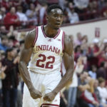 Indiana forward Jordan Geronimo (22) reacts during the first half of an NCAA college basketball game against Jackson State, Friday, Nov. 25, 2022, in Bloomington, Ind. (AP Photo/Darron Cummings)