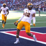 Arizona State tight end Jalin Conyers (12) celebrates after scoring a touchdown against Arizona in the second half during an NCAA college football game, Friday, Nov. 25, 2022, in Tucson, Ariz. (AP Photo/Rick Scuteri)