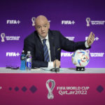 
              FIFA President Gianni Infantino speaks at a press conference Saturday, Nov. 19, 2022 in Doha, Qatar. (AP Photo/Abbie Parr)
            