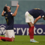 France's Olivier Giroud celebrate after he scored during the World Cup group D soccer match between France and Australia, at the Al Janoub Stadium in Al Wakrah, Qatar, Friday, Nov. 4, 2022. (AP Photo/Frank Augstein)
