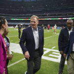 NFL Commissioner Roger Goodell, center, looks on before an NFL football game between the Arizona Cardinals and the San Francisco 49ers, Monday, Nov. 21, 2022, in Mexico City. (AP Photo/Fernando Llano)