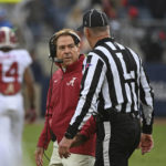
              Alabama head coach Nick Saban talks with an official during the first half of an NCAA college football game against Mississippi in Oxford, Miss., Saturday, Nov. 12, 2022. (AP Photo/Thomas Graning)
            