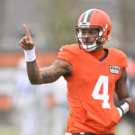 Cleveland Browns quarterback Deshaun Watson stands on the field during an NFL football practice at the team's training facility Wednesday, Nov. 16, 2022, in Berea, Ohio. (AP Photo/David Richard)