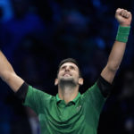 Serbia's Novak Djokovic celebrates after defeating Norway's Casper Ruud 7-5, 6-3, in their singles final tennis match of the ATP World Tour Finals at the Pala Alpitour, in Turin, Italy, Sunday, Nov. 20, 2022. (AP Photo/Antonio Calanni)
