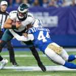 
              Philadelphia Eagles quarterback Jalen Hurts (1) is sacked by Indianapolis Colts linebacker Zaire Franklin (44) in the first half of an NFL football game in Indianapolis, Sunday, Nov. 20, 2022. (AP Photo/AJ Mast)
            