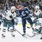 Toronto Maple Leafs' Auston Matthews celebrates after scoring against the San Jose Sharks during the second period of an NHL hockey game Wednesday, Nov. 30, 2022, in Toronto. (Chris Young/The Canadian Press via AP)