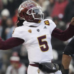 Arizona State quarterback Emory Jones throws a pass during the second half of an NCAA college football game against Washington State, Saturday, Nov. 12, 2022, in Pullman, Wash. Washington State won 28-18. (AP Photo/Young Kwak)