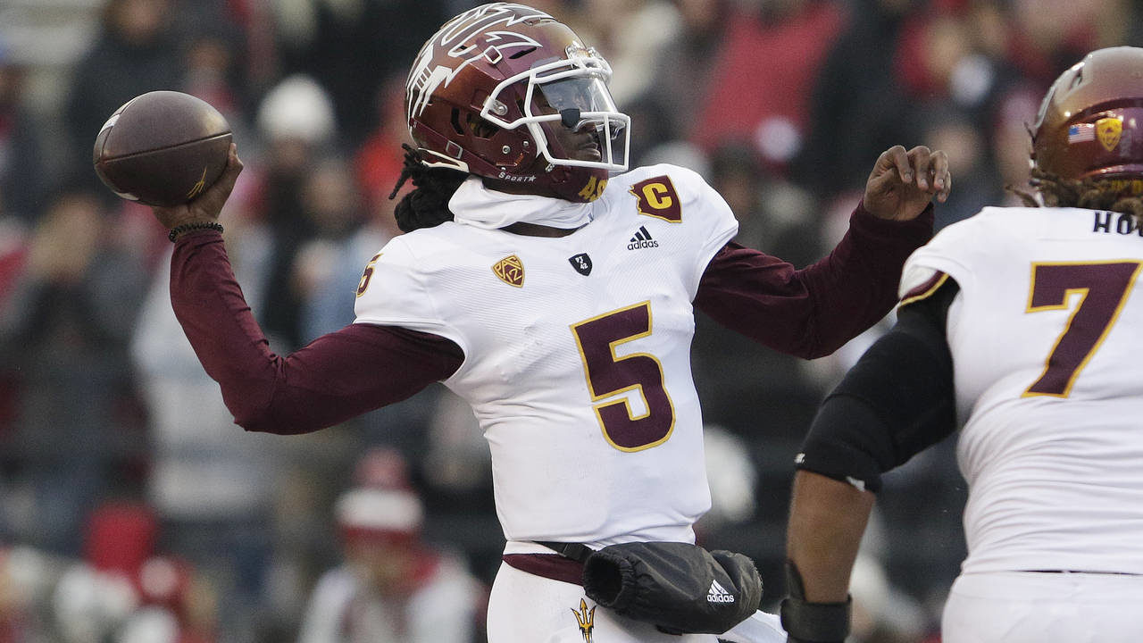 Arizona State quarterback Emory Jones throws a pass during the second half of an NCAA college footb...
