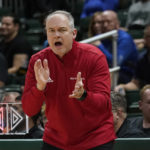 
              Rutgers head coach Steve Pikiell shouts from the sidelines during the first half of an NCAA college basketball game against the Miami, Wednesday, Nov. 30, 2022, in Coral Gables, Fla. (AP Photo/Marta Lavandier)
            