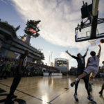 Gonzaga forward Drew Timme (2) shoots against Michigan State forward Jaxon Kohler (0) during the first half of the Carrier Classic NCAA college basketball game aboard the USS Abraham Lincoln in Coronado, Calif. Friday, Nov. 11, 2022. (AP Photo/Ashley Landis)