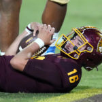 Arizona State quarterback Trenton Bourguet (16) looks at officials as he pauses in the endzone, but is called short of a touchdown, during the second half of an NCAA college football game against UCLA in Tempe, Ariz., Saturday, Nov. 5, 2022. UCLA won 50-36. (AP Photo/Ross D. Franklin)