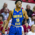 Morehead State guard Kalil Thomas (15) reacts after taking a shot during the first half of an NCAA college basketball game against Indiana, Monday, Nov. 7, 2022, in Bloomington, Ind. (AP Photo/Doug McSchooler)