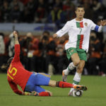 FILE - Spain's Sergio Ramos, left, Portugal's Cristiano Ronaldo during the World Cup round of 16 soccer match between Spain and Portugal at the Green Point stadium in Cape Town, South Africa, Tuesday, June 29, 2010. (AP Photo/Matt Dunham, File)