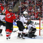 
              New Jersey Devils left wing Tomas Tatar reacts after scoring a goal against the Arizona Coyotes during the first period of an NHL hockey game, Saturday, Nov. 12, 2022, in Newark, N.J. (AP Photo/Noah K. Murray)
            