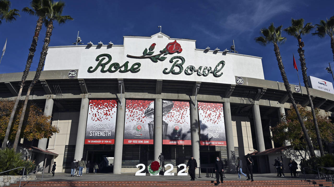 The exterior of the stadium is seen before the Rose Bowl NCAA college football game between Utah an...