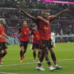 Belgium forward Michy Batshuayi (23) celebrates after scoring against Canada during the first half of a World Cup group F soccer match between Belgium and Canada at the Ahmad Bin Ali Stadium in Al Rayyan, Qatar, Wednesday, Nov. 23, 2022. (Nathan Denette/The Canadian Press via AP)