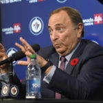 NHL Commissioner Gary Bettman speaks to the media prior to the Winnipeg Jets and Dallas Stars NHL hockey game in Winnipeg, Manitoba on Tuesday, Nov. 8, 2022. (Fred Greenslade/The Canadian Press via AP)
