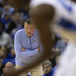 
              Creighton head coach Greg McDermott watches as his team plays against St. Thomas during the first half of an NCAA college basketball game on Monday, Nov. 7, 2022, in Omaha, Neb. (AP Photo/Rebecca S. Gratz)
            