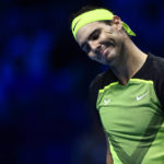 Rafael Nadal reacts during his singles tennis match with Felix Auger-Aliassime at the ATP World Tour Finals, at the Pala Alpitour in Turin, Italy, Tuesday, Nov. 15, 2022. (Nicolo' Campo/LaPresse via AP)
