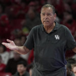 Houston head coach Kelvin Sampson reacts during the first half of an NCAA college basketball game against the Kent State, Saturday, Nov. 26, 2022, in Houston. (AP Photo/Kevin M. Cox)