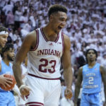 
              CORRECTS CITY TO BLOOMINGTON, INSTEAD OF INDIANAPOLIS - Indiana forward Trayce Jackson-Davis (23) reacts to a play during the second half of an NCAA college basketball game against North Carolina in Bloomington, Ind., Wednesday, Nov. 30, 2022. (AP Photo/Darron Cummings)
            