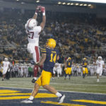 
              Stanford safety Omari Porter (27) intercepts a pass intended for California wide receiver Monroe Young (14) in the end zone during the second half of an NCAA college football game in Berkeley, Calif., Saturday, Nov. 19, 2022. (AP Photo/Godofredo A. Vásquez)
            