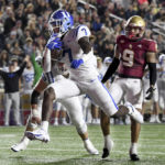Duke runingback Jordan Waters (7) runs into the end zone to score during the first half of an NCAA college football game, Friday, Nov. 4, 2022 in Boston. (AP Photo/Mark Stockwell)