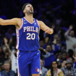 
              Philadelphia 76ers' Georges Niang reacts after making a basket during the second half of an NBA basketball game against the Phoenix Suns, Monday, Nov. 7, 2022, in Philadelphia. (AP Photo/Matt Slocum)
            