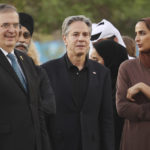 
              U.S. Secretary of State Anthony Blinken, center, speaks with Mexico's Foreign Affairs Secretary Marcelo Ebrard, left, and Qatar Foundation CEO Sheikha Hind Bint Al Thani during a visit to Oxygen Park at Education City, in Doha Qatar, Monday, Nov. 21, 2022. (Karim Jaafar/Pool via AP)
            
