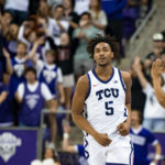 
              TCU forward Chuck O'Bannon Jr. (5) jogs down the floor after hitting a 3-point basket in the first half of an NCAA college basketball game against Arkansas-Pine Bluff in Fort Worth, Texas, Monday, Nov. 7, 2022. (AP Photo/Emil Lippe)
            