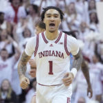 
              CORRECTS CITY TO BLOOMINGTON, INSTEAD OF INDIANAPOLIS - Indiana guard Jalen Hood-Schifino (1) reacts after a score against North Carolina during the first half of an NCAA college basketball game in Bloomington, Ind., Wednesday, Nov. 30, 2022. (AP Photo/Darron Cummings)
            
