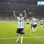 
              Argentina's Lionel Messi celebrates after scoring his side's opening goal during the World Cup group C soccer match between Argentina and Mexico, at the Lusail Stadium in Lusail, Qatar, Saturday, Nov. 26, 2022. (AP Photo/Ariel Schalit)
            