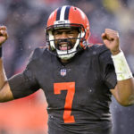 
              Cleveland Browns quarterback Jacoby Brissett (7) celebrates after handing the ball off to running back Nick Chubb, who scored in overtime of the team's NFL football game against the Tampa Bay Buccaneers in Cleveland, Sunday, Nov. 27, 2022. The Browns won 23-17. (AP Photo/David Richard)
            