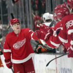 Detroit Red Wings' Jonatan Berggren, left, celebrates his goal with teammates during the first period of an NHL hockey game against the Anaheim Ducks Tuesday, Nov. 15, 2022, in Anaheim, Calif. (AP Photo/Marcio Jose Sanchez)