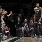 
              Brooklyn Nets forward Kevin Durant (7) reacts after his 3-point shot against the Portland Trail Blazers during the first half of an NBA basketball game Sunday, Nov. 27, 2022, in New York. (AP Photo/Jessie Alcheh)
            