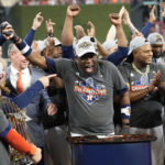 
              Houston Astros manager Dusty Baker Jr. and the Houston Astros celebrate their 4-1 World Series win against the Philadelphia Phillies in Game 6 on Saturday, Nov. 5, 2022, in Houston. (AP Photo/David J. Phillip)
            
