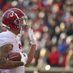 Alabama wide receiver Jermaine Burton reacts after a touchdown during the first half of an NCAA college football game against Mississippi in Oxford, Miss., Saturday, Nov. 12, 2022. (AP Photo/Thomas Graning)